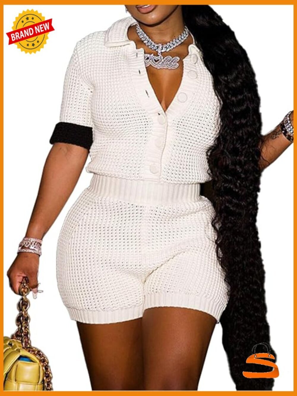 Crochet Knitted Button Up Top and Shorts Set Two Piece Vacation Outfit